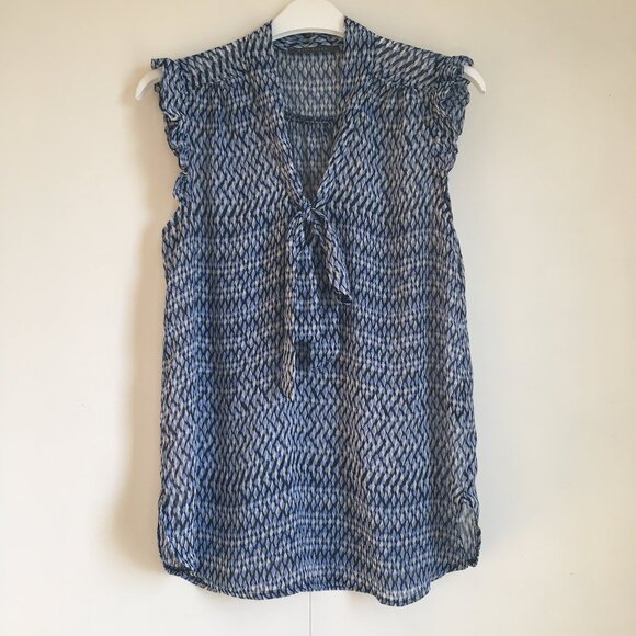 Sheer Blue Diamond Scale Bow Tie Up Ruffled Milk Maid Tank Top - Picture 1 of 14